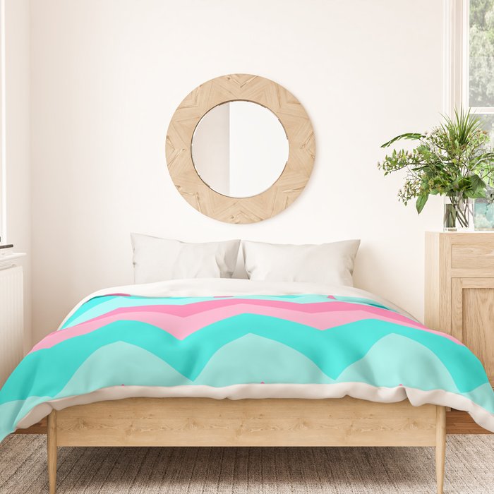 Hot Pink Turquoise Aqua Blue Chevron Zigzag Pattern Print Duvet Cover Gallery Image 3