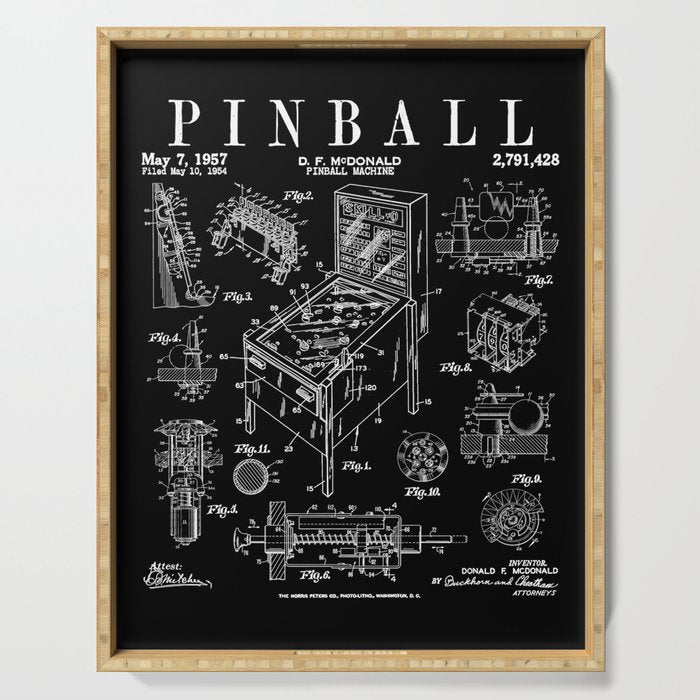 Pinball Arcade Gaming Machine Vintage Gamer Patent Print Serving Tray Gallery Image 1