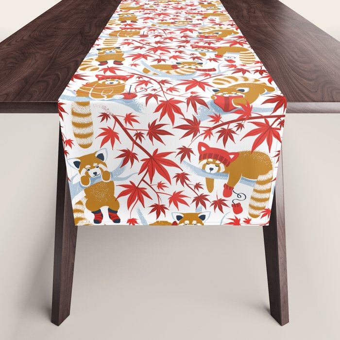Red panda blending with the foliage // white background desert sun brown cozy animals fog blue tree branches red acer leaves Table Runner Gallery Image 1