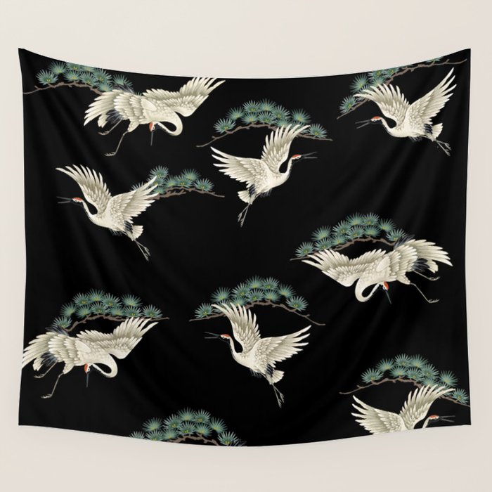 Asian Crane on Black Japanese Woodblock Art Wall Tapestry