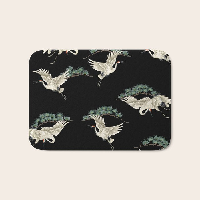 Asian Crane on Black Japanese Woodblock Art Bath Mat Gallery Image 1