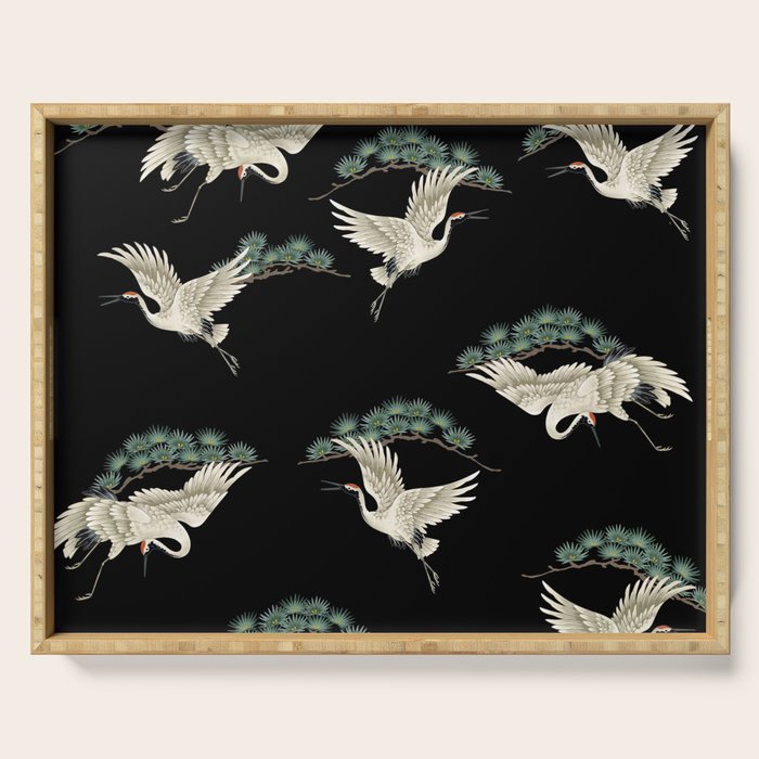 Asian Crane on Black Japanese Woodblock Art Serving Tray Gallery Image 1