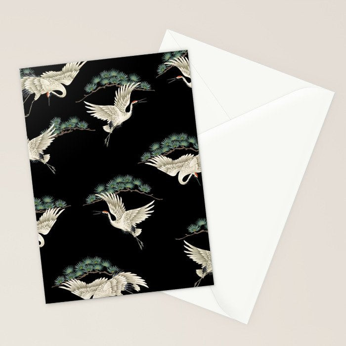 Asian Crane on Black Japanese Woodblock Art Stationery Card Gallery Image 2