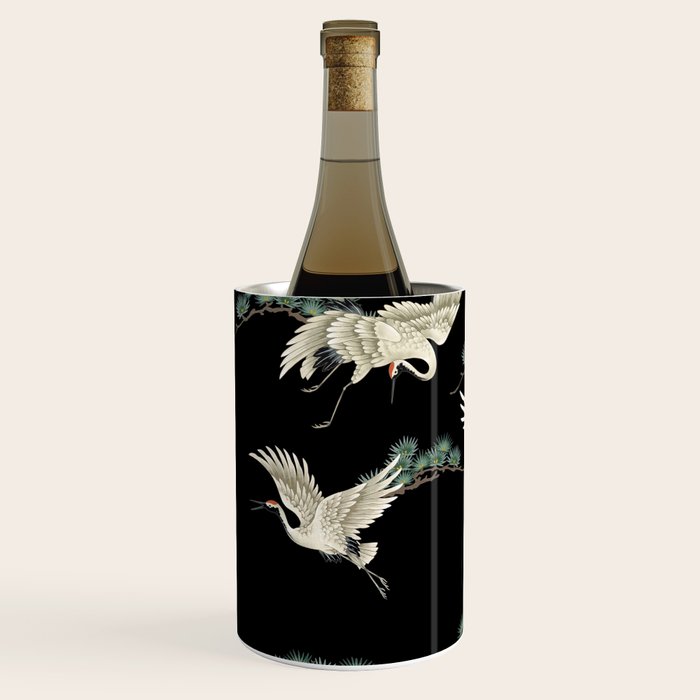 Asian Crane on Black Japanese Woodblock Art Wine Chiller Gallery Image 2