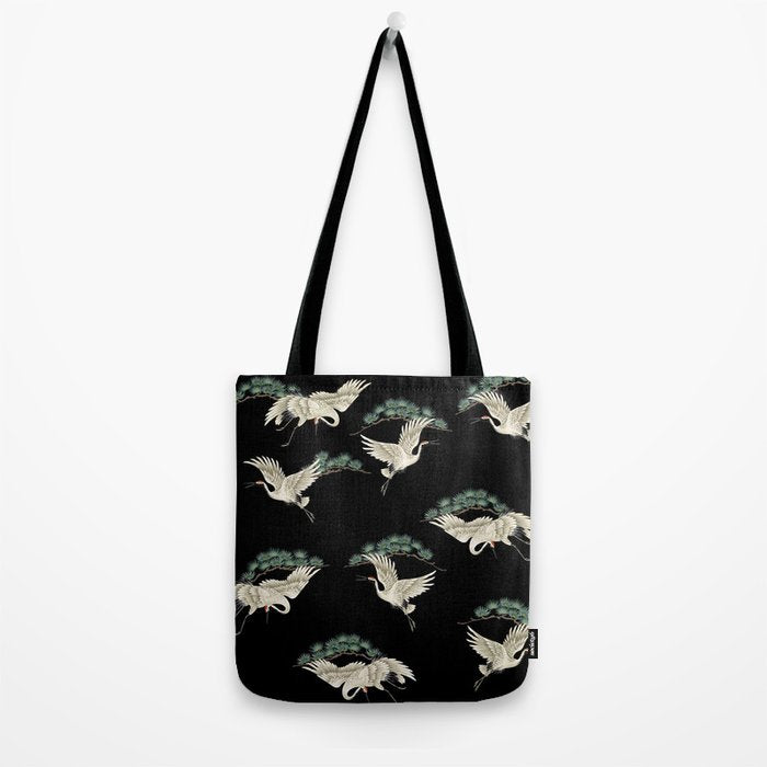 Asian Crane on Black Japanese Woodblock Art Tote Bag Gallery Image 2