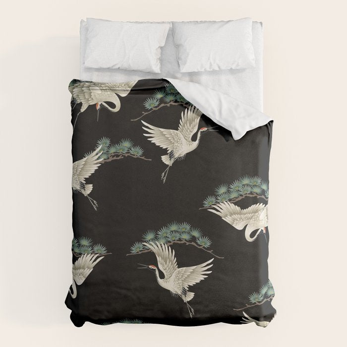 Asian Crane on Black Japanese Woodblock Art Duvet Cover Gallery Image 6