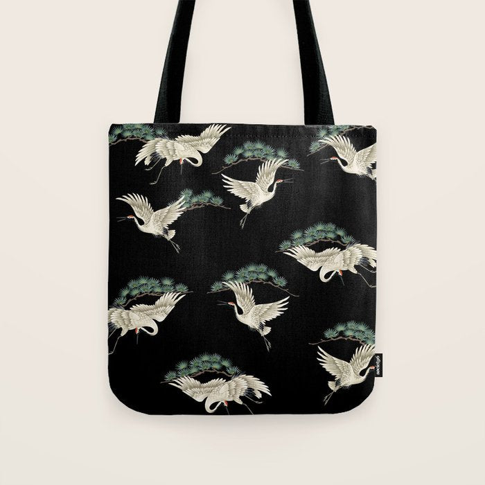 Asian Crane on Black Japanese Woodblock Art Tote Bag Gallery Image 1