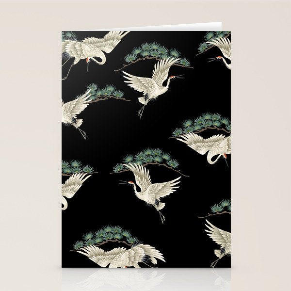 Asian Crane on Black Japanese Woodblock Art Stationery Card Gallery Image 2
