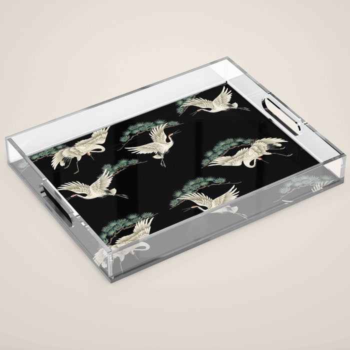 Asian Crane on Black Japanese Woodblock Art Acrylic Tray Gallery Image 1
