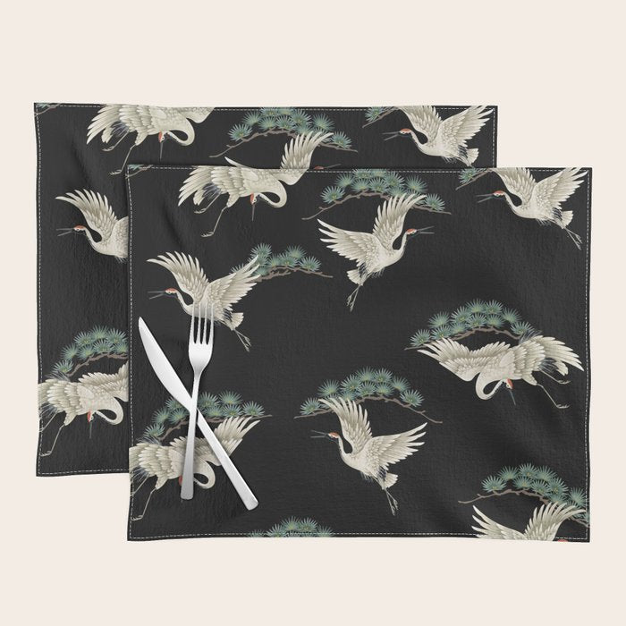 Asian Crane on Black Japanese Woodblock Art Placemat Gallery Image 1