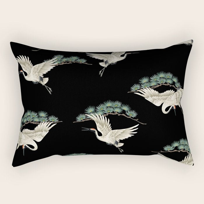 Asian Crane on Black Japanese Woodblock Art Rectangular Pillow Gallery Image 1