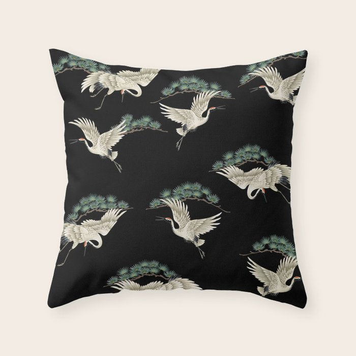 Asian Crane on Black Japanese Woodblock Art Throw Pillow Gallery Image 1