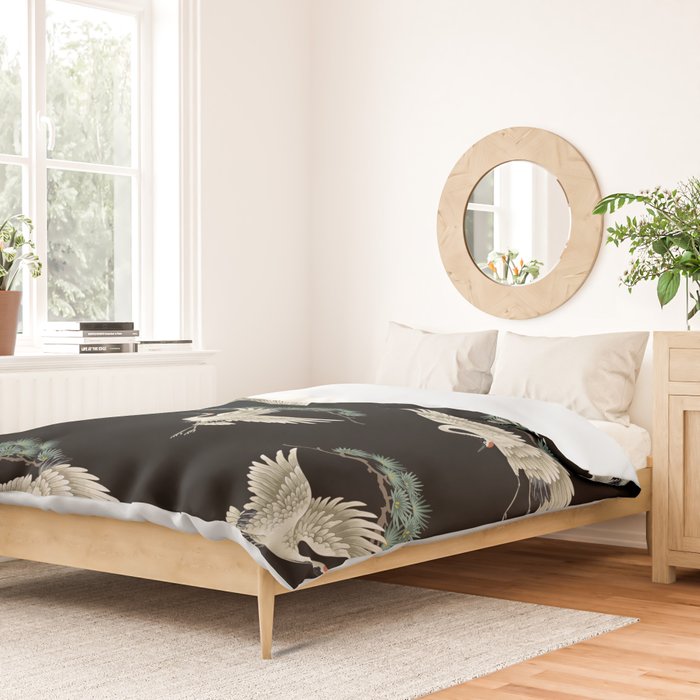 Asian Crane on Black Japanese Woodblock Art Duvet Cover Gallery Image 2
