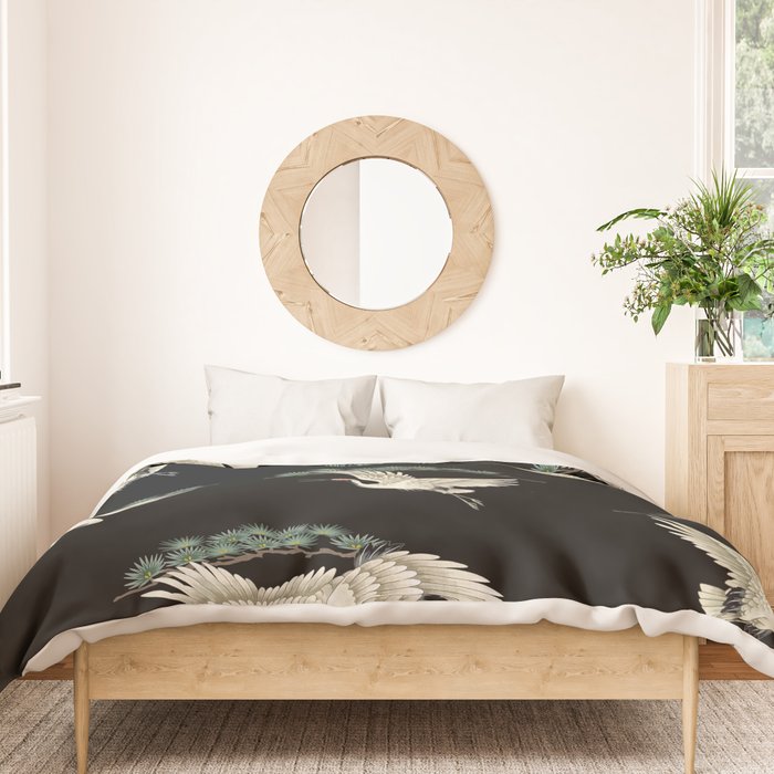 Asian Crane on Black Japanese Woodblock Art Duvet Cover Gallery Image 3