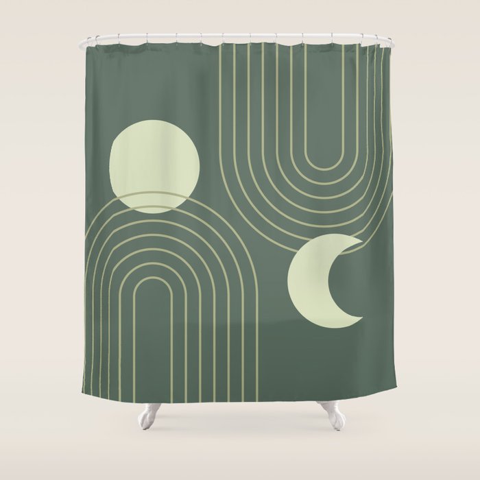Mid Century Modern Geometric 126 in Forest Green Shades (Rainbow and Sun Abstraction) Shower Curtain Gallery Image 1