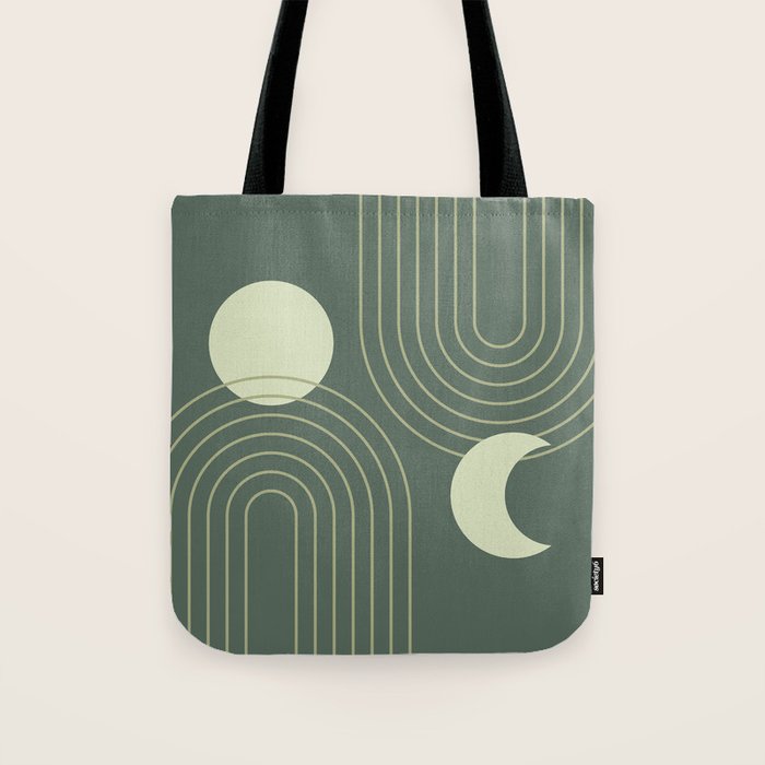 Mid Century Modern Geometric 126 in Forest Green Shades (Rainbow and Sun Abstraction) Tote Bag Gallery Image 1