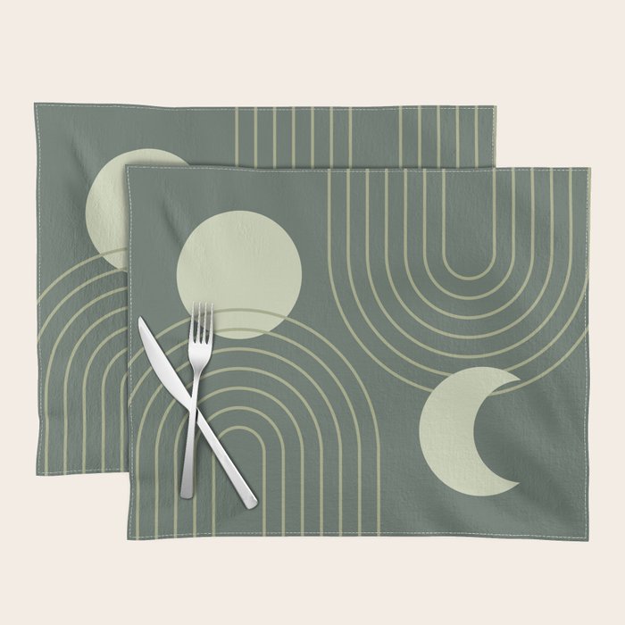 Mid Century Modern Geometric 126 in Forest Green Shades (Rainbow and Sun Abstraction) Placemat Gallery Image 1