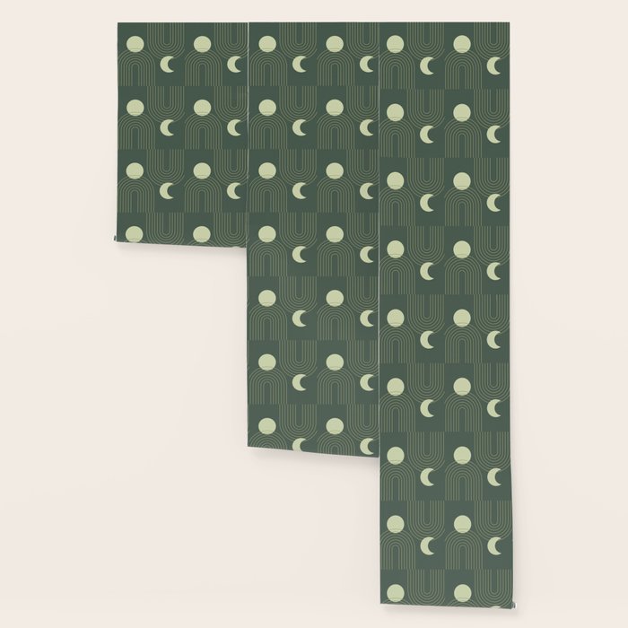 Mid Century Modern Geometric 126 in Forest Green Shades (Rainbow and Sun Abstraction) Wallpaper Gallery Image 3