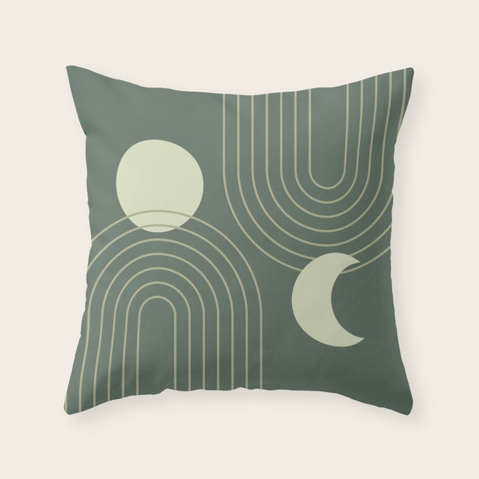 Mid Century Modern Geometric 126 in Forest Green Shades (Rainbow and Sun Abstraction) Throw Pillow Gallery Image 1