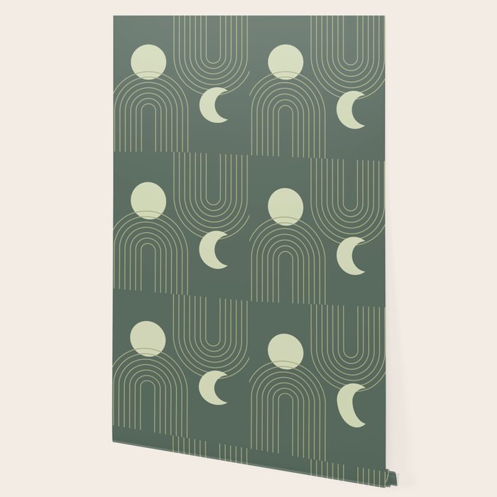 Mid Century Modern Geometric 126 in Forest Green Shades (Rainbow and Sun Abstraction) Wallpaper Gallery Image 2