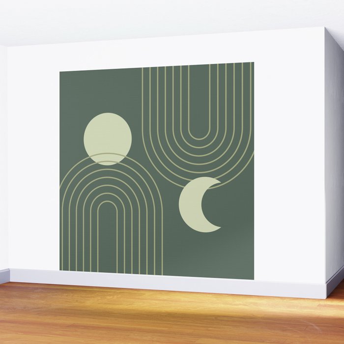 Mid Century Modern Geometric 126 in Forest Green Shades (Rainbow and Sun Abstraction) Wall Mural Gallery Image 2