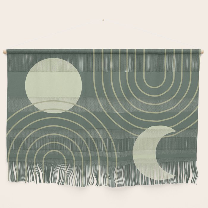 Mid Century Modern Geometric 126 in Forest Green Shades (Rainbow and Sun Abstraction) Wall Hanging Gallery Image 1