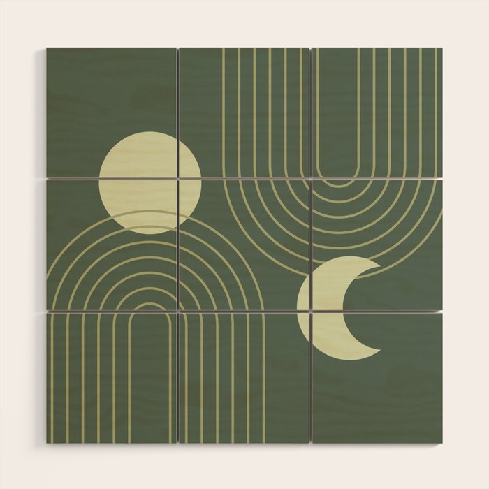 Mid Century Modern Geometric 126 in Forest Green Shades (Rainbow and Sun Abstraction) Wood Wall Art Gallery Image 1