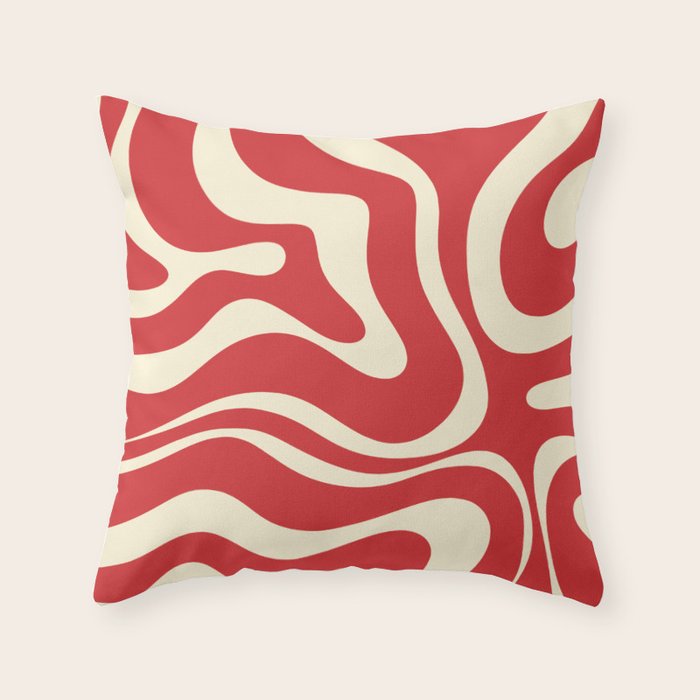 Modern Liquid Swirl Abstract Pattern in Retro Christmas Red and Cream Throw Pillow Gallery Image 1