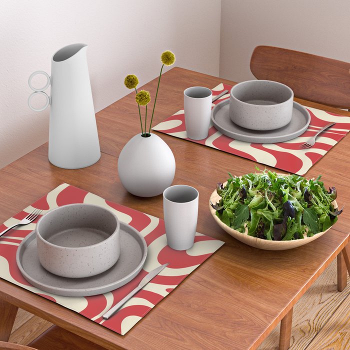 Modern Liquid Swirl Abstract Pattern in Retro Christmas Red and Cream Placemat Gallery Image 2