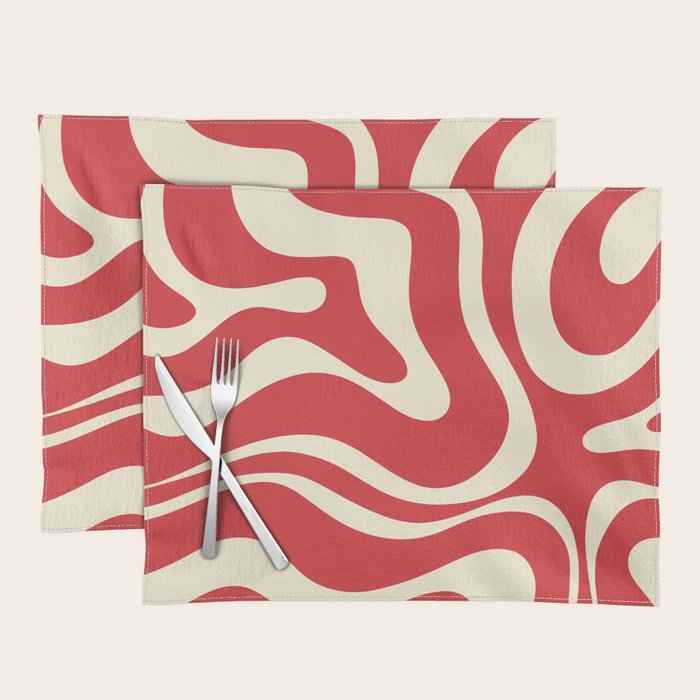 Modern Liquid Swirl Abstract Pattern in Retro Christmas Red and Cream Placemat Gallery Image 1