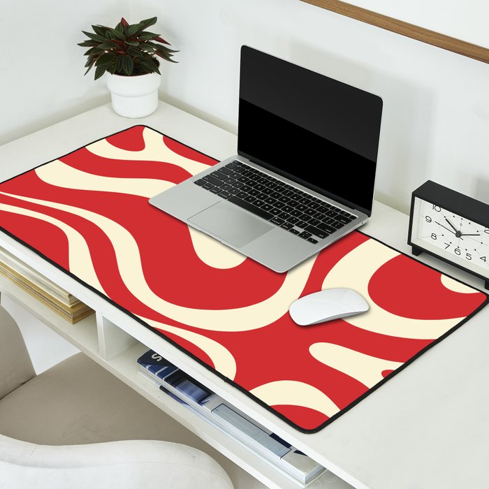 Modern Liquid Swirl Abstract Pattern in Retro Christmas Red and Cream Desk Mat Gallery Image 2