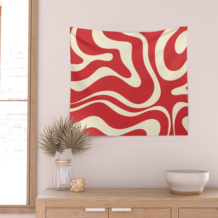 Modern Liquid Swirl Abstract Pattern in Retro Christmas Red and Cream Wall Tapestry Gallery Image 2