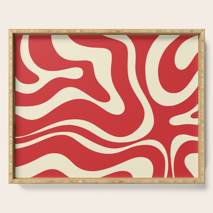 Modern Liquid Swirl Abstract Pattern in Retro Christmas Red and Cream Serving Tray Gallery Image 1