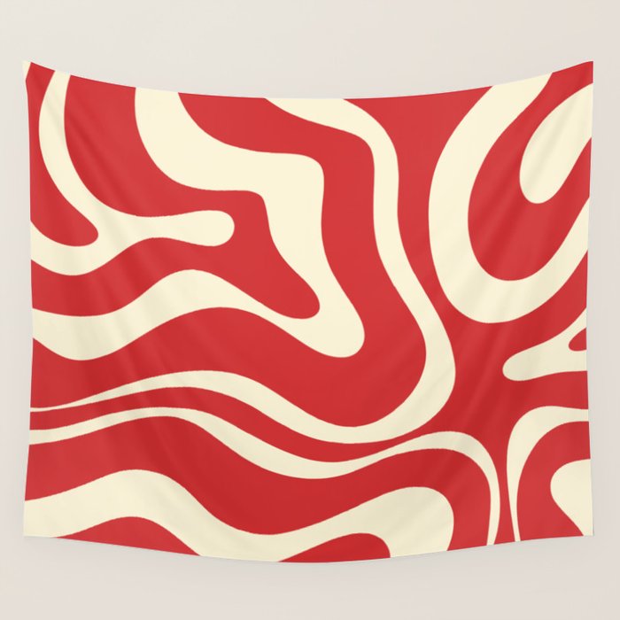 Modern Liquid Swirl Abstract Pattern in Retro Christmas Red and Cream Wall Tapestry Gallery Image 4