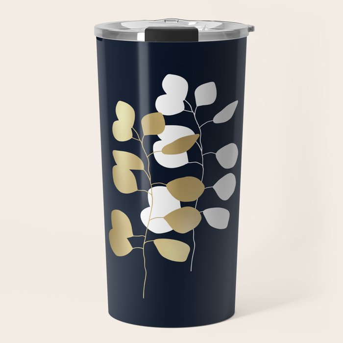 Leaf Duo, Gold and White on Navy Blue Travel Mug Gallery Image 1