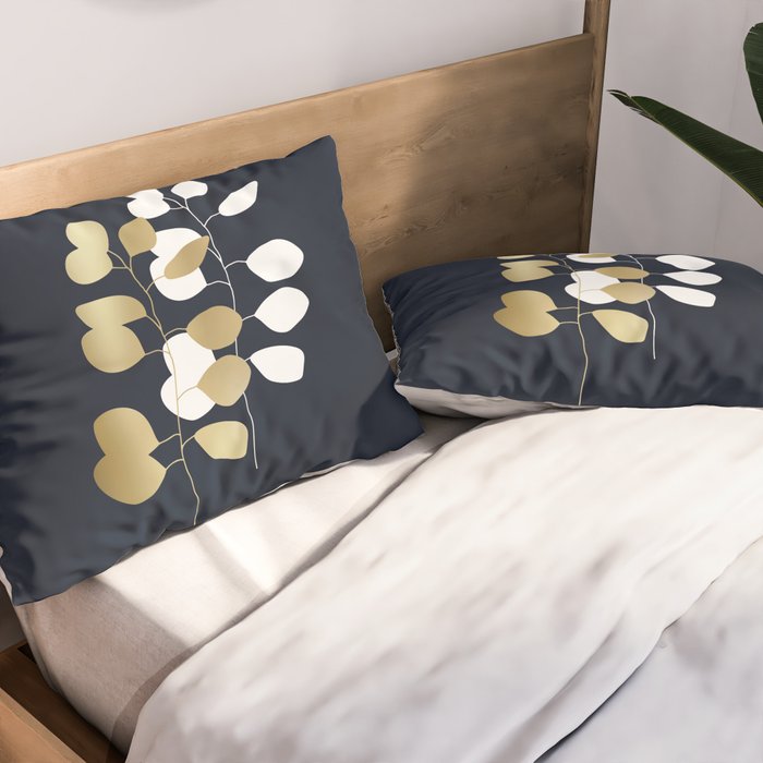 Leaf Duo, Gold and White on Navy Blue Pillow Sham Gallery Image 2