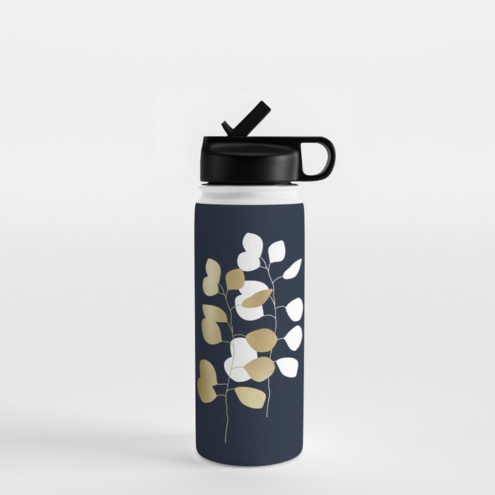 Leaf Duo, Gold and White on Navy Blue Water Bottle Gallery Image 1