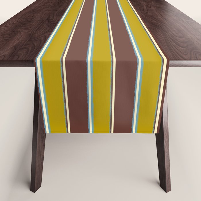 Eclectic Watercolor Paper Stripes Pattern Chartreuse Brown Blue Cream Table Runner Gallery Image 1