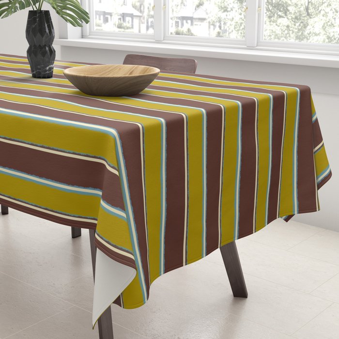 Eclectic Watercolor Paper Stripes Pattern Chartreuse Brown Blue Cream Tablecloth Gallery Image 3