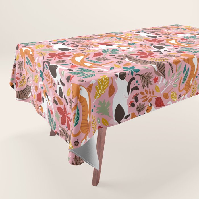 Autumn joy // light pink background cats dancing with many leaves in fall colors Tablecloth Gallery Image 1