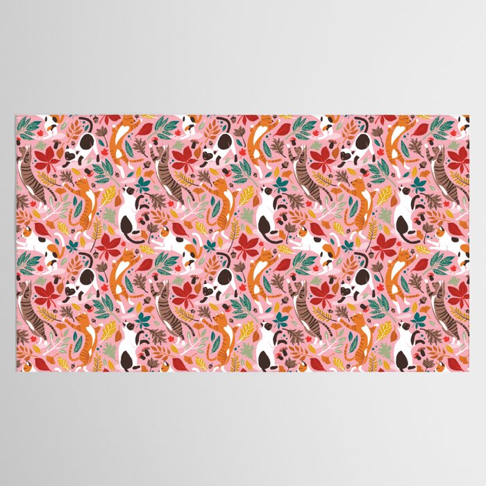 Autumn joy // light pink background cats dancing with many leaves in fall colors Tablecloth Gallery Image 2