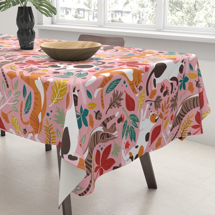 Autumn joy // light pink background cats dancing with many leaves in fall colors Tablecloth Gallery Image 3