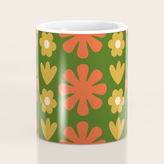 Scandi Floral Grid Retro Pattern Green Ochre Orange Cream Coffee Mug Gallery Image 4