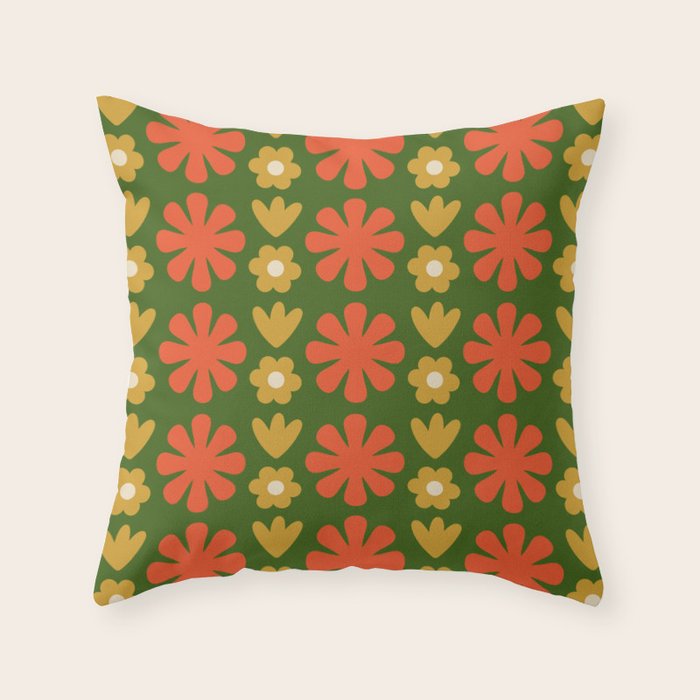Scandi Floral Grid Retro Pattern Green Ochre Orange Cream Throw Pillow Gallery Image 6