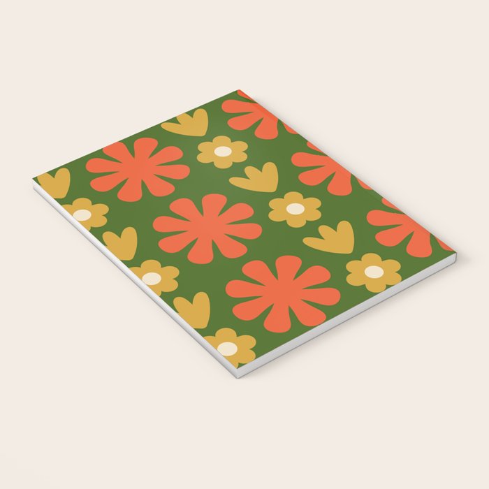 Scandi Floral Grid Retro Pattern Green Ochre Orange Cream Notebook Gallery Image 3