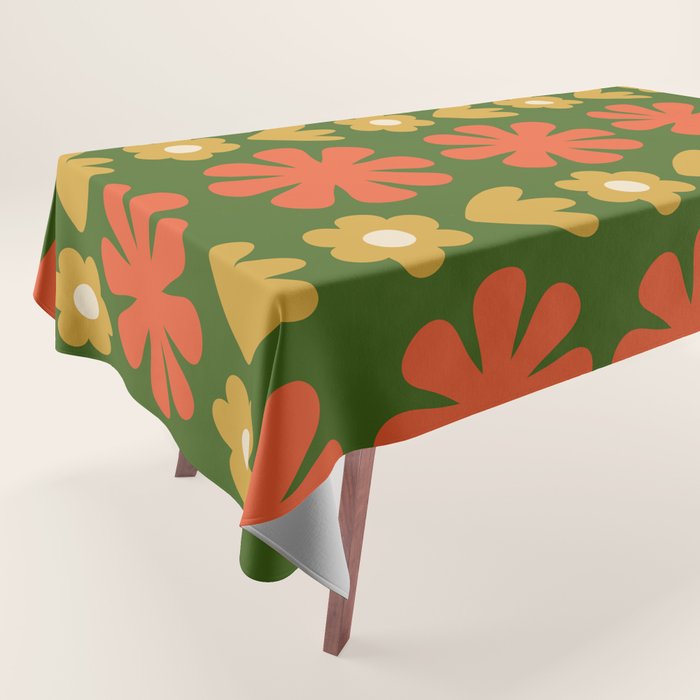 Scandi Floral Grid Retro Pattern Green Ochre Orange Cream Tablecloth Gallery Image 1