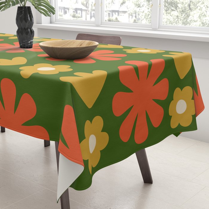 Scandi Floral Grid Retro Pattern Green Ochre Orange Cream Tablecloth Gallery Image 3