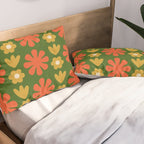 Scandi Floral Grid Retro Pattern Green Ochre Orange Cream Pillow Sham Gallery Image 2