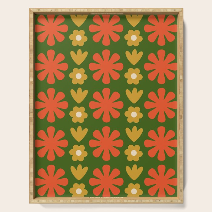 Scandi Floral Grid Retro Pattern Green Ochre Orange Cream Serving Tray Gallery Image 1