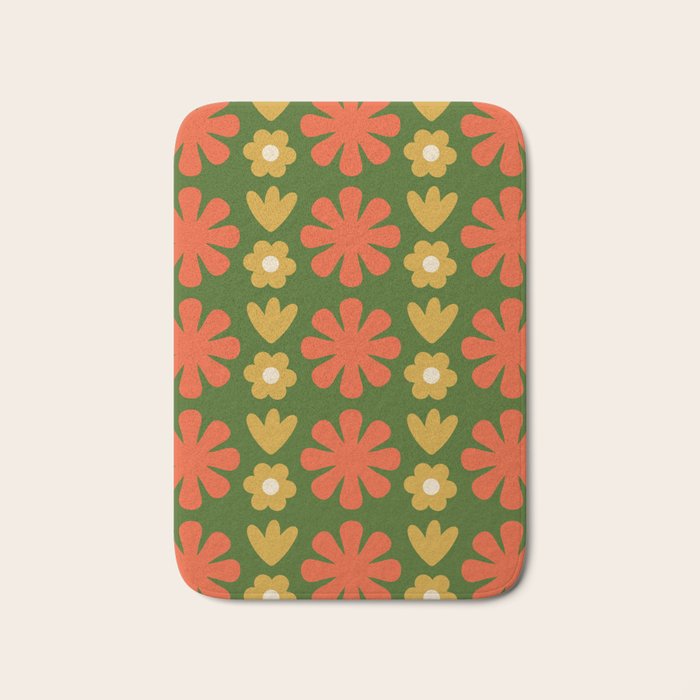 Scandi Floral Grid Retro Pattern Green Ochre Orange Cream Bath Mat Gallery Image 1